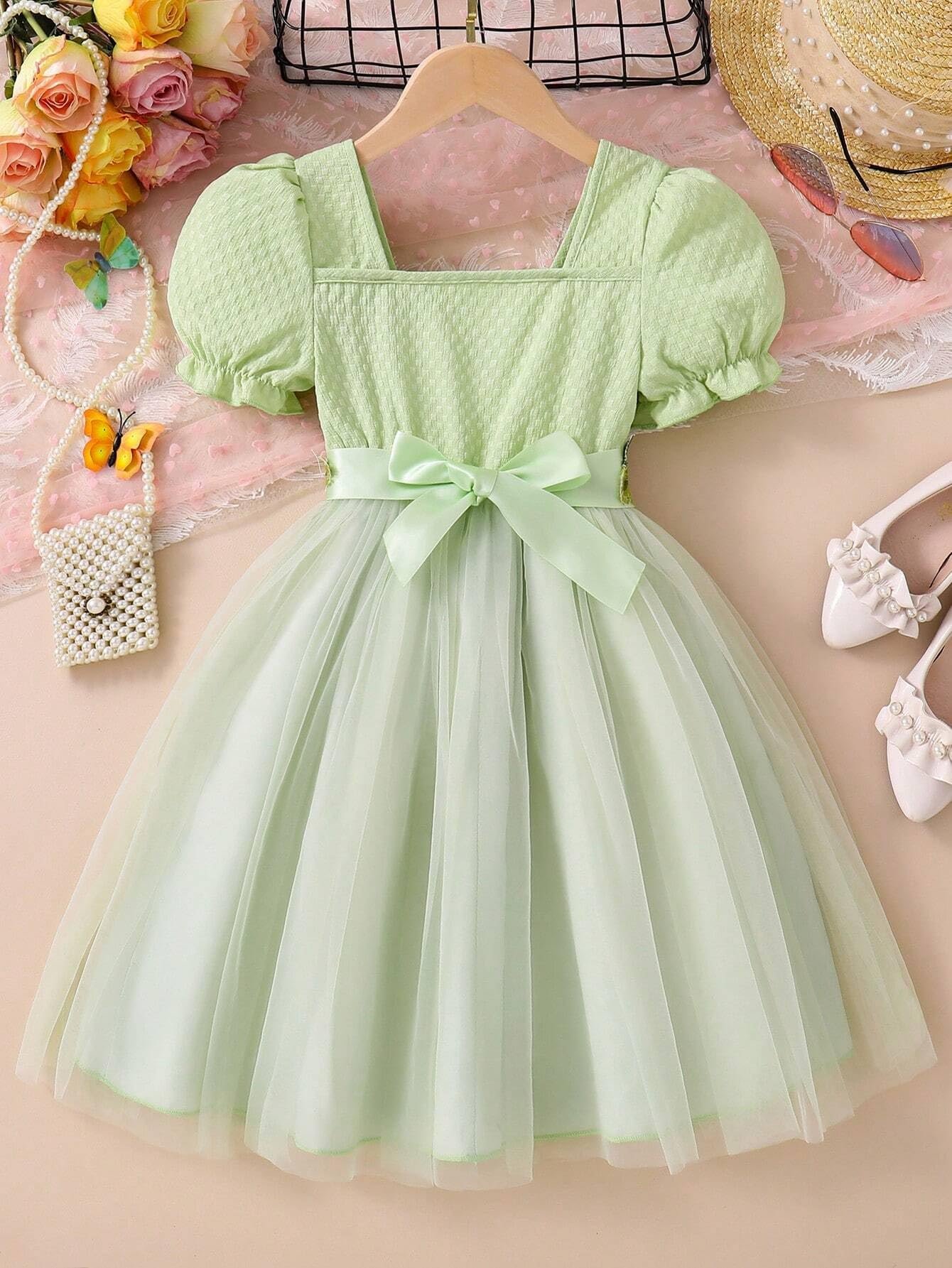 TAGAS Girls Frock Net Standard Length Dress (KD-397) Pista_3-4Y - Image 5