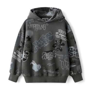 Alan Jones Clothing Boys Oversize Hoodie with Graffiti Print | Full Sleeve Sweatshirt for Kids & Teens | Age 6-16 Years (Anthracite Grey_15-16 Years)