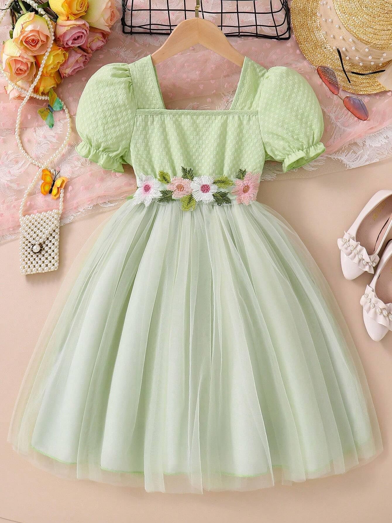 TAGAS Girls Frock Net Standard Length Dress (KD-397) Pista_3-4Y - Image 6