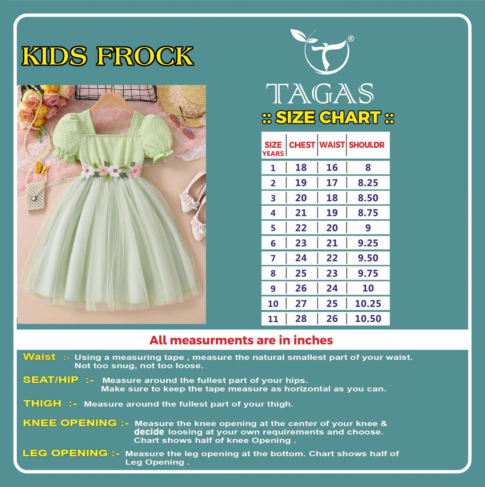 TAGAS Girls Frock Net Standard Length Dress (KD-397) Pista_3-4Y - Image 2